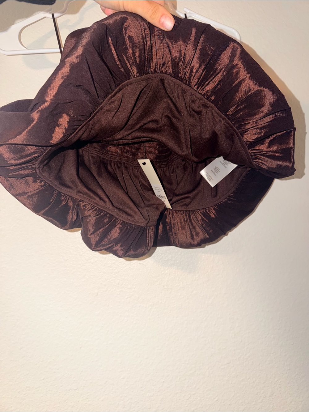 Francesca's Collections Strapless Satin Bubble Hem Top in Deep Brown - Picture 6 of 7